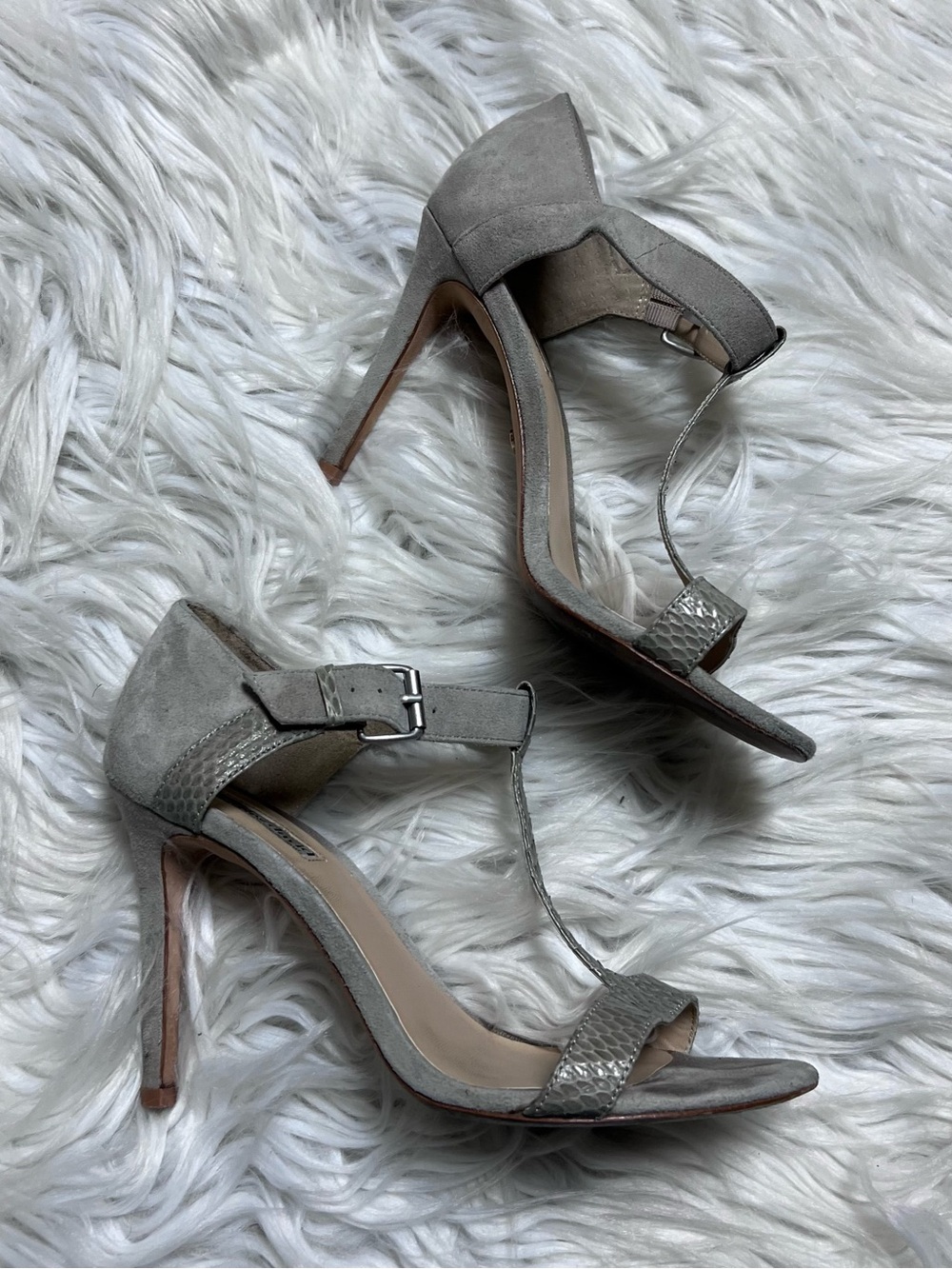 Charles David Taupe Suede T-Strap High Heel Sandals